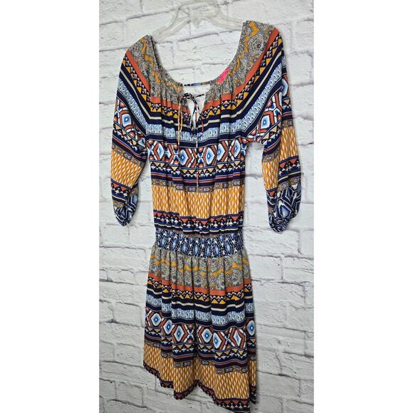 Betsey Johnson Dress Womens 8 Peasant Smocked Waist Boho Aztec - Picture 3 of 8